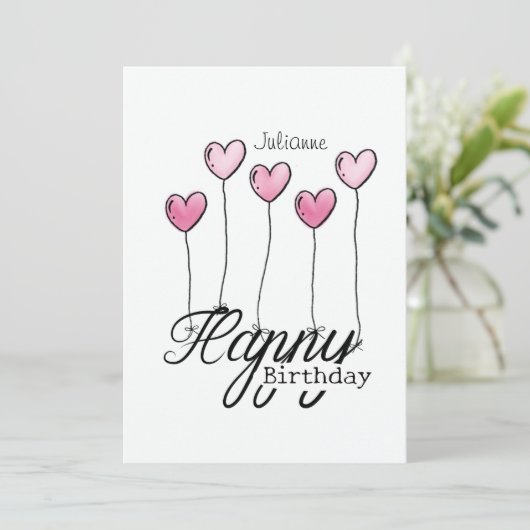 Birthday Card With Pink Heart Balloons And Name Karte (Stehend Vorderseite)