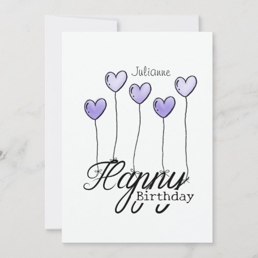 Birthday Card With Purple Heart Balloons And Name Karte (Vorderseite)