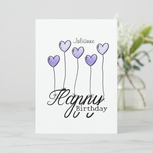 Birthday Card With Purple Heart Balloons And Name Karte (Stehend Vorderseite)