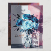 birthday cards blue modern flowers pink watercolor (Vorne/Hinten)