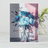 birthday cards blue modern flowers pink watercolor (Stehend Vorderseite)
