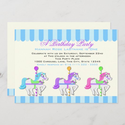 Birthday Carousel Ponies Einladung (Vorne/Hinten)