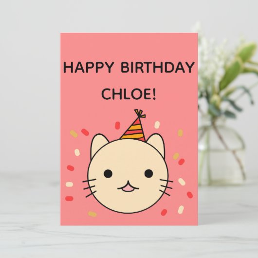 Birthday Cat | Beige Cat Happy Birthday Flat Karte (Stehend Vorderseite)