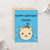 Birthday Cat | Beige Cat Happy Birthday Flat Karte (Vorderseite/Rückseite Beispiel)