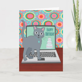 Birthday Cat Typing on Laptop Karte