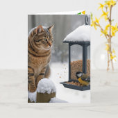 Birthday Cat Watching a Bird On a Feeder Karte (Gelbe Blume)
