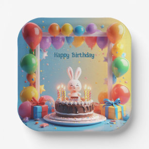 Birthday Celebration Scene with Cake, Ballons Pappteller