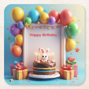 Birthday Celebration Scene with Cake, Ballons Rechteckiger Pappuntersetzer