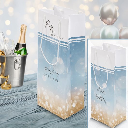 Birthday Champagner hellblau glitzerndes Gold Geschenktüte Für Weinflaschen