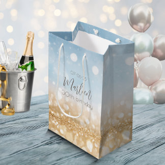 Birthday Champagner hellblau glitzerndes Gold Mittlere Geschenktüte