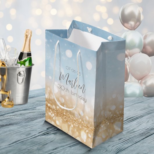 Birthday Champagner hellblau glitzerndes Gold Mittlere Geschenktüte