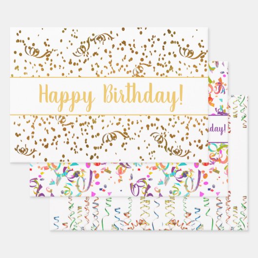 Birthday Colorful Confetti Streamers Gold Custom Geschenkpapier Set (Set)