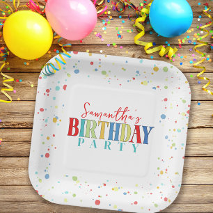 Birthday Colorful Confetti Whimsical Kalligraphie Pappteller