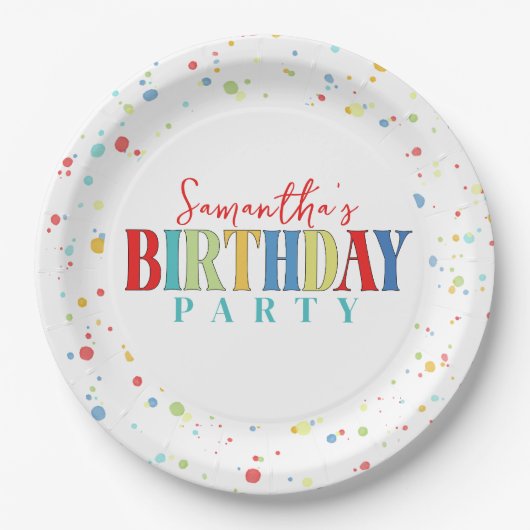Birthday Colorful Confetti Whimsical Kalligraphie Pappteller