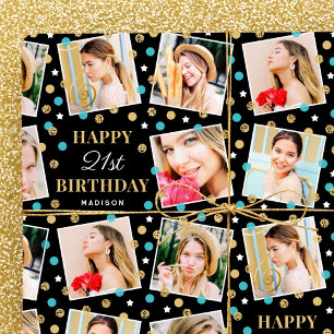 Birthday Confetti Custom Name Photo Collage Teal Geschenkpapier