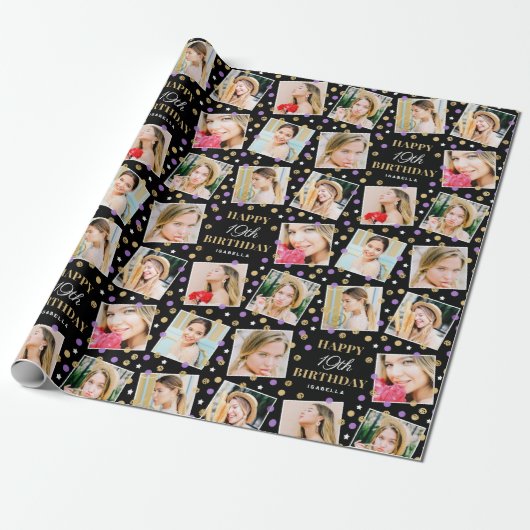 Birthday Confetti Individuelle Name Foto Collage L Geschenkpapier (Ungerollt)