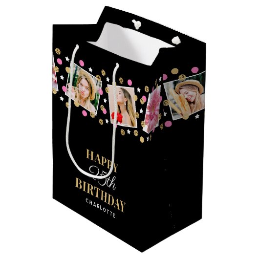 Birthday Confetti Individuelle Name Foto Collage R Mittlere Geschenktüte (Vorderseite Schrägansicht)