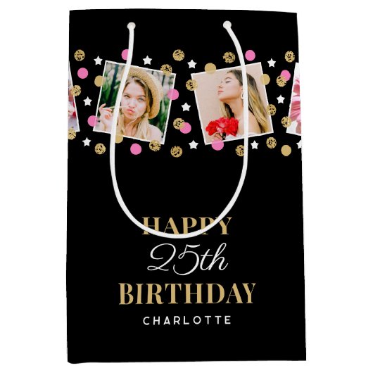 Birthday Confetti Individuelle Name Foto Collage R Mittlere Geschenktüte (Vorderseite)