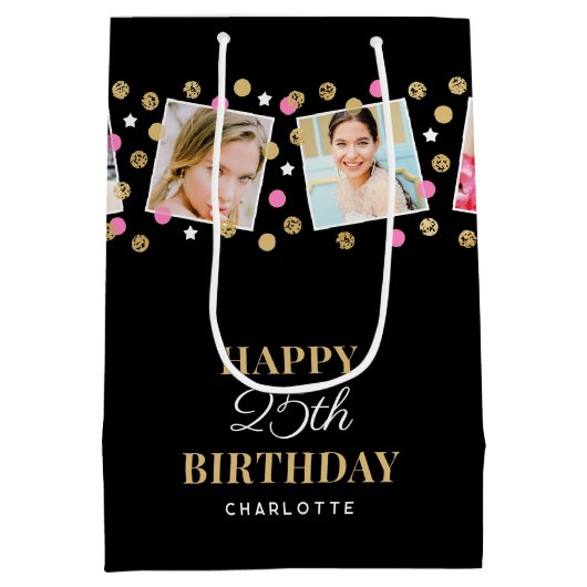 Birthday Confetti Individuelle Name Foto Collage R Mittlere Geschenktüte (Rückseite)