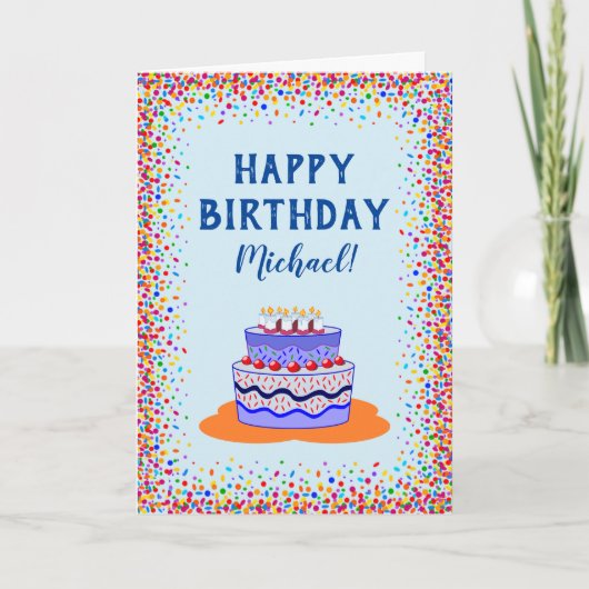 Birthday Cool Blue Cake Colorful Confetti Karte (Vorderseite)