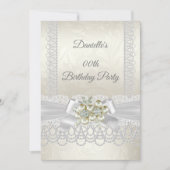 Birthday Cream White Pearl Lace Damask Diamond Einladung (Vorderseite)