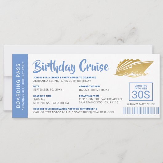 Birthday Cruise Boarding Pass Einladung Blue Gold (Vorderseite)