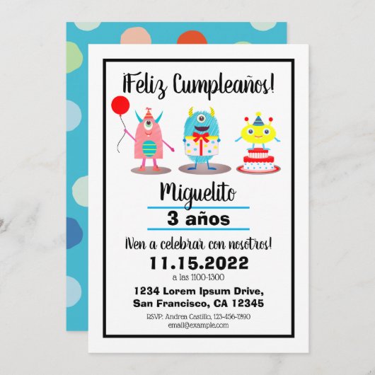 Birthday/Cumpleaños Spanische farbenfrohe Monster Einladung (Vorne/Hinten)