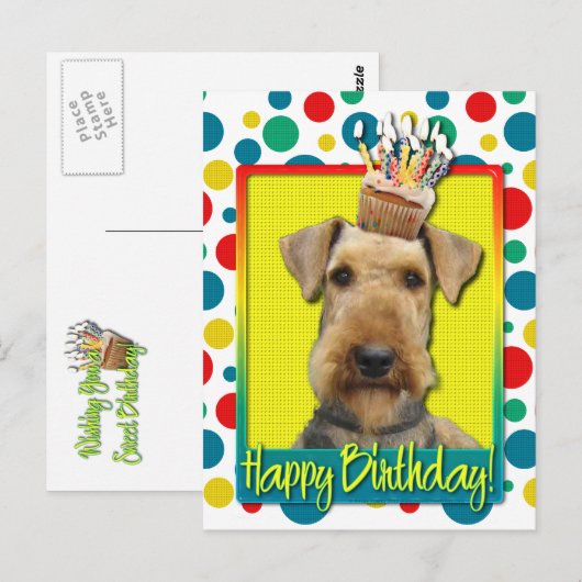 Birthday Cupcake - Airedale Postkarte (Vorne/Hinten)