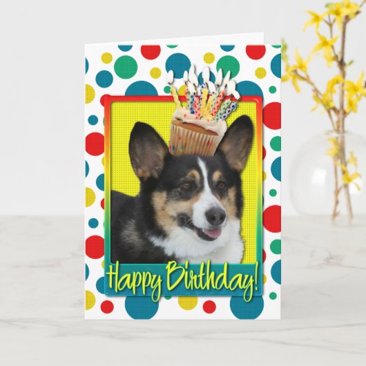 Birthday Cupcake - Corgi Karte (Gelbe Blume)