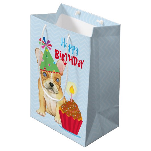 Birthday Cupcake French Bulldog Mittlere Geschenkt Geschenktüte (Vorderseite Schrägansicht)
