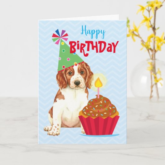 Birthday Cupcake Welsh Springer Spaniel Karte (Gelbe Blume)