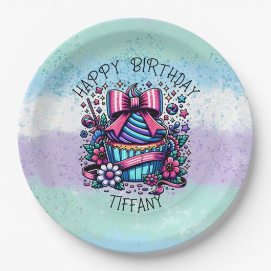Birthday Cupcake Whimsical Personalisiert Pappteller (Vorderseite)