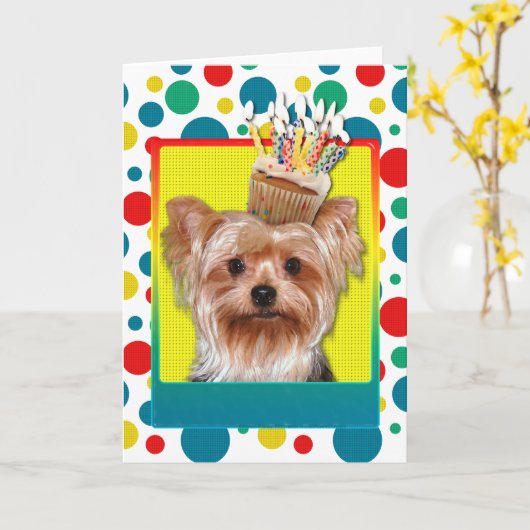 Birthday Cupcake - Yorkshire Terrier Karte (Gelbe Blume)