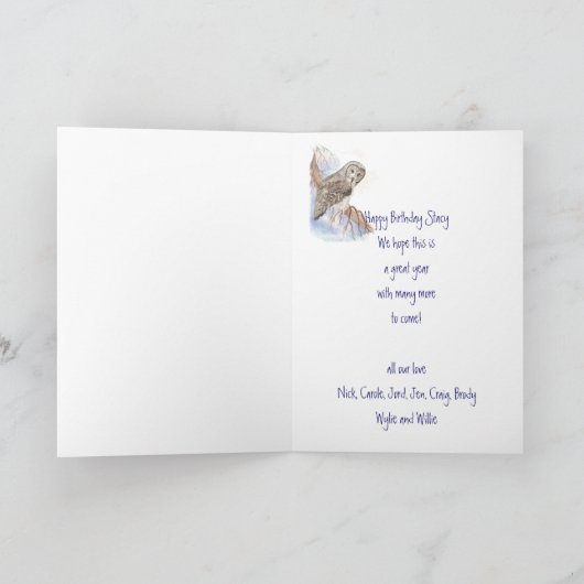 Birthday Custom Name with Great Grey Gray Owl Bird Karte (Innenseite)
