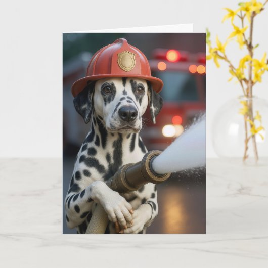 Birthday Dalmatian Dog Holding a Fire Hose Karte (Gelbe Blume)