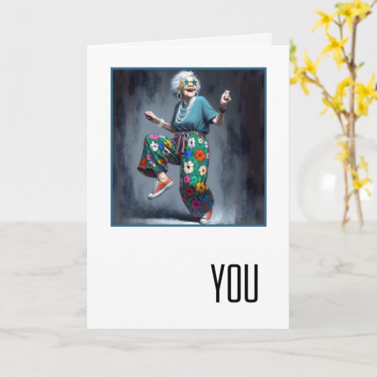 Birthday Dancing Old Lady  Karte (Gelbe Blume)