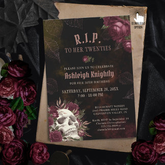 Birthday Dark Skull und Rose RIP Zwanzig Einladung