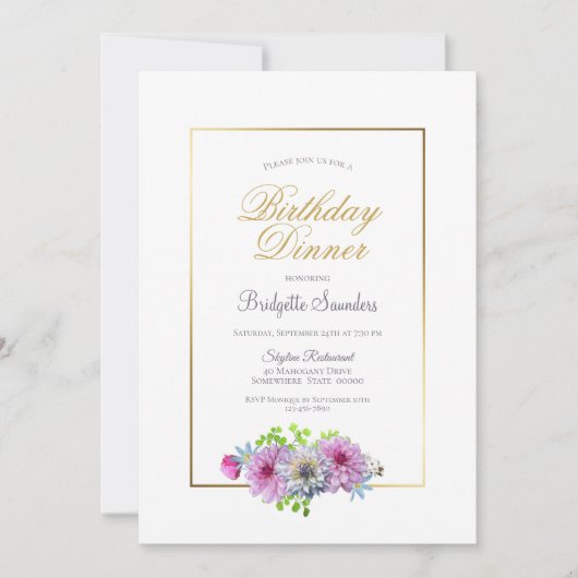 Birthday Dinner Pink Blue Floral Gold Border Party Einladung (Vorderseite)