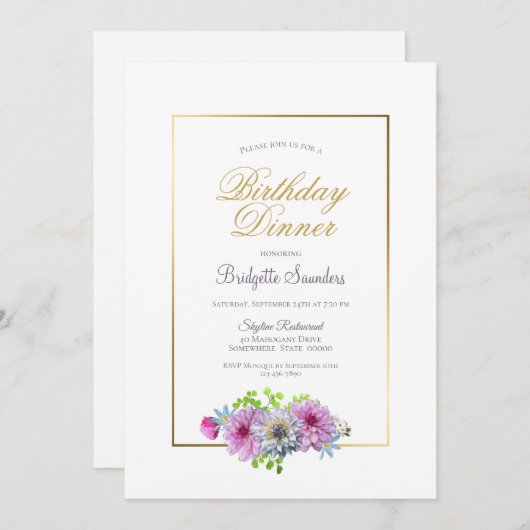 Birthday Dinner Pink Blue Floral Gold Border Party Einladung (Vorne/Hinten)