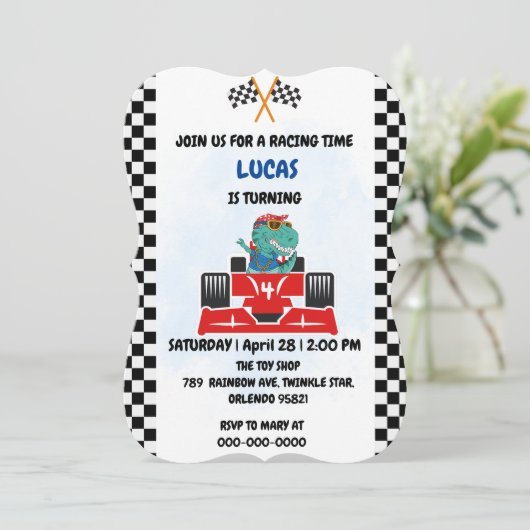 Birthday Dinosaurier Rennfahrer Red Racing Childre Einladung (Stehend Vorderseite)