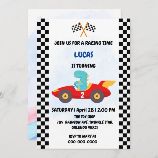 Birthday Dinosaurier Rennfahrer Red Racing Childre Einladung (Vorne/Hinten)