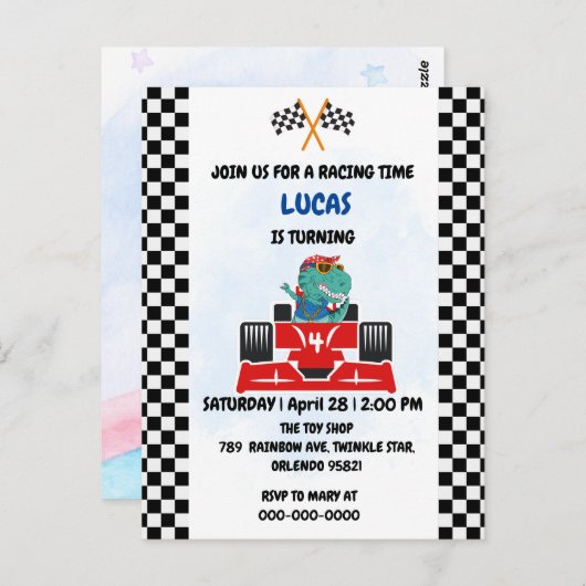 Birthday Dinosaurier Rennfahrer Red Racing Childre Postkarte (Vorne/Hinten)