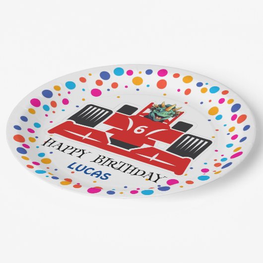 Birthday Dinosaurier Rennfahrer Red Racing Kind Na Pappteller (Schrägansicht)