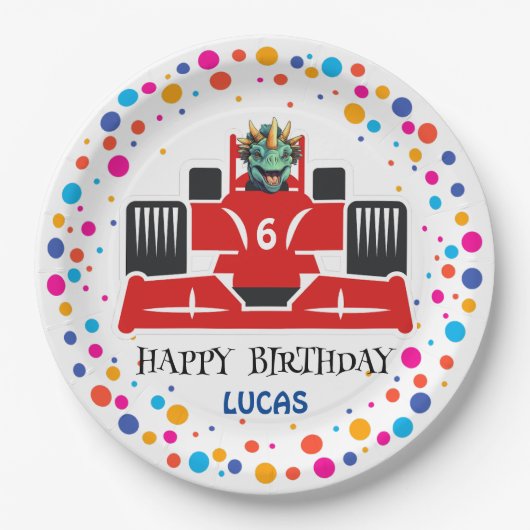 Birthday Dinosaurier Rennfahrer Red Racing Kind Na Pappteller (Vorderseite)