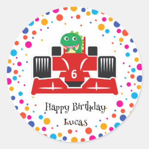 Birthday Dinosaurier Rennfahrer Red Racing Kind Na Runder Aufkleber