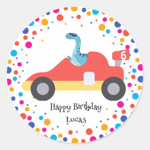 Birthday Dinosaurier Rennfahrer Red Racing Kind Na Runder Aufkleber