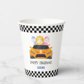 Birthday Dinosaurier Rennwagen gelber Junge Name Pappbecher (Vorderseite)