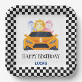 Birthday Dinosaurier Rennwagen gelber Junge Name Pappteller (Vorderseite)