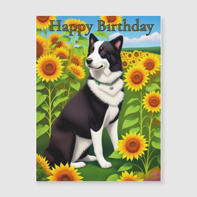 Birthday Dog with Sunflower  Magnetkarte (Vorderseite)