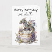 Birthday Dragon Cake Personalisiert Watercolor Karte (Vorderseite)